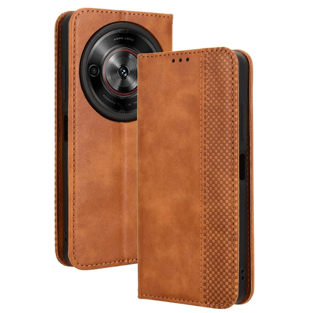 For ZTE Blade A75 5G / nubia Focus Leather Case Wallet Stand Retro Texture Phone Cover - Brown - 1