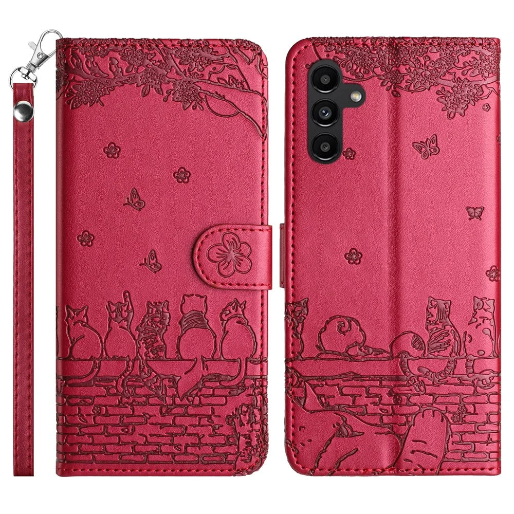 For Samsung Galaxy A16 5G / A16 4G Case with Wrist Strap Leather Phone Cover Wall Cats Pattern - Red - 1