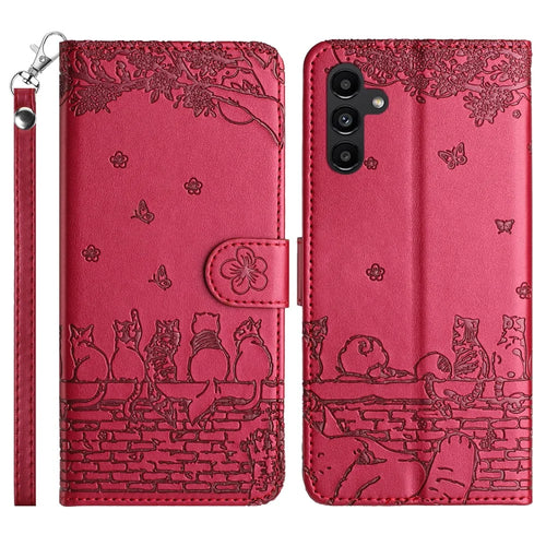 For Samsung Galaxy A16 5G / A16 4G Case with Wrist Strap Leather Phone Cover Wall Cats Pattern - Red - 1