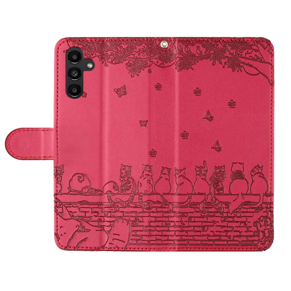 For Samsung Galaxy A16 5G / A16 4G Case with Wrist Strap Leather Phone Cover Wall Cats Pattern - Red - 4