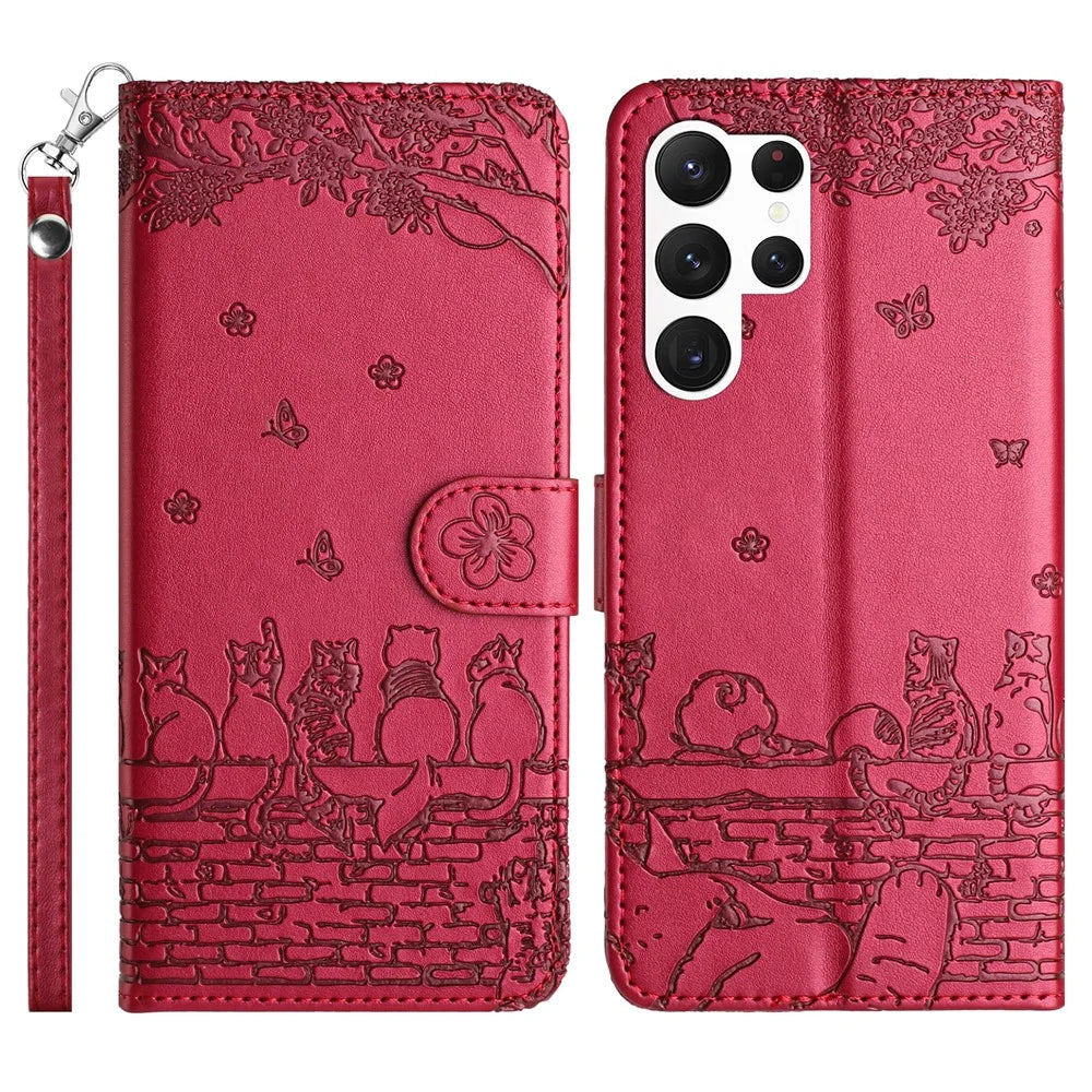 For Samsung Galaxy S25 Ultra Case with Wrist Strap Leather Phone Cover Wall Cats Pattern - Red - 1