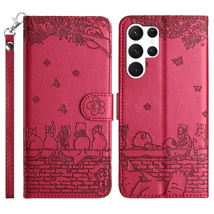 For Samsung Galaxy S25 Ultra Case with Wrist Strap Leather Phone Cover Wall Cats Pattern - Red - 1