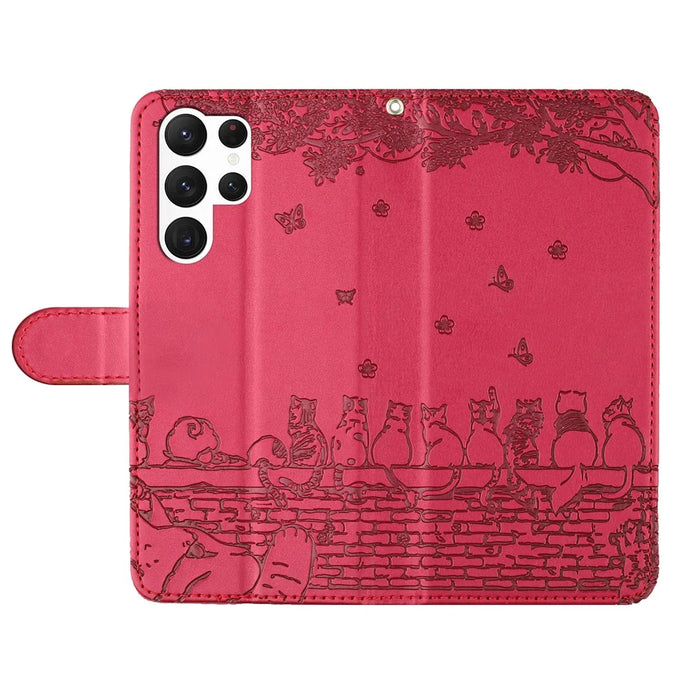 For Samsung Galaxy S25 Ultra Case with Wrist Strap Leather Phone Cover Wall Cats Pattern - Red - 4
