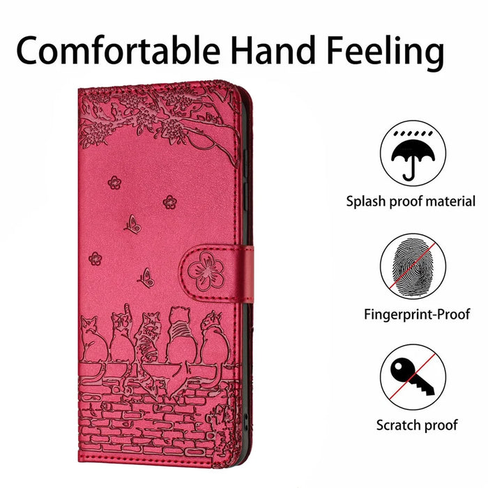 For Samsung Galaxy S25 Ultra Case with Wrist Strap Leather Phone Cover Wall Cats Pattern - Red - 5