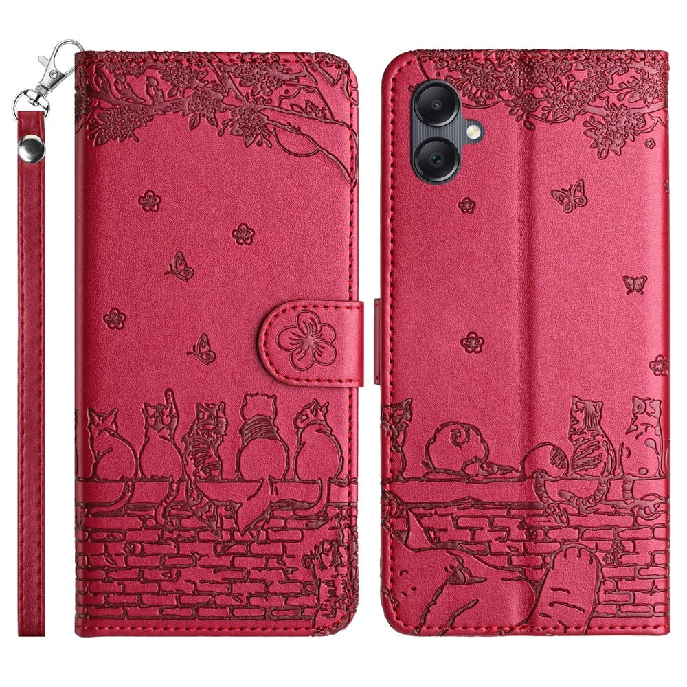 For Samsung Galaxy A06 4G Case with Wrist Strap Leather Phone Cover Wall Cats Pattern - Red - 1