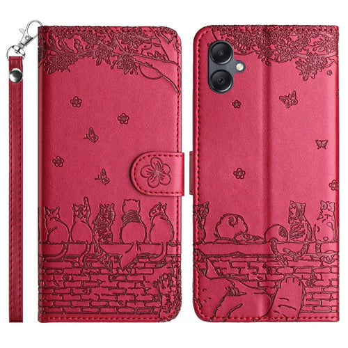For Samsung Galaxy A06 4G Case with Wrist Strap Leather Phone Cover Wall Cats Pattern - Red - 1