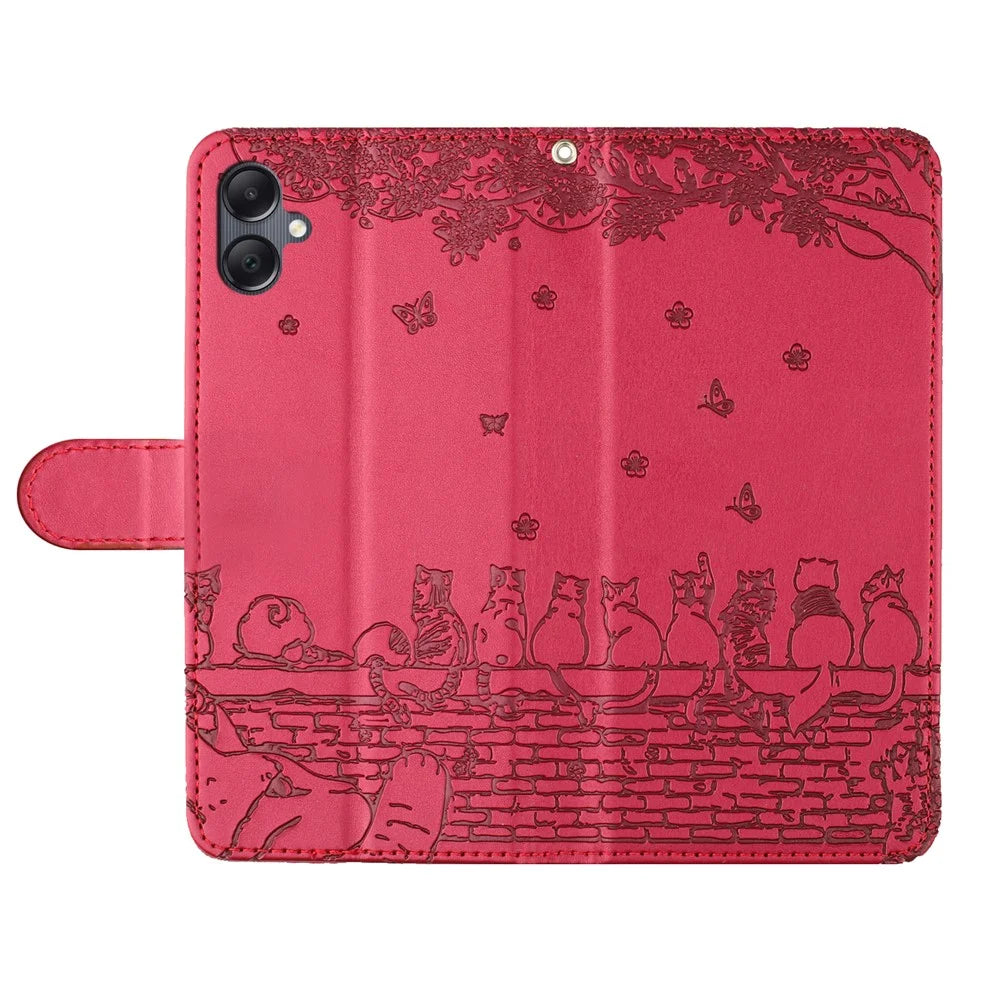 For Samsung Galaxy A06 4G Case with Wrist Strap Leather Phone Cover Wall Cats Pattern - Red - 4