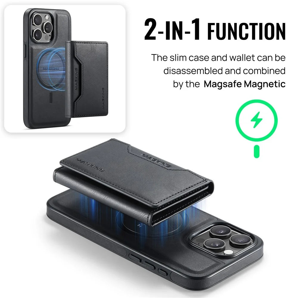 MAGKING K2 Series For iPhone 16 Pro Max Case Compatible with MagSafe PC+TPU+PU Leather RFID Blocking Phone Cover with Wallet - Black - 6