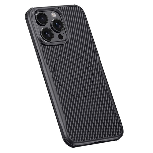 For iPhone 15 Pro Max Case Compatible with MagSafe Carbon Fiber Texture Leather Coated PC+Silicone Protective Cover - Black - 1