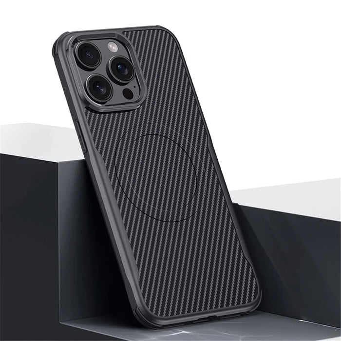 For iPhone 15 Pro Max Case Compatible with MagSafe Carbon Fiber Texture Leather Coated PC+Silicone Protective Cover - Black - 2