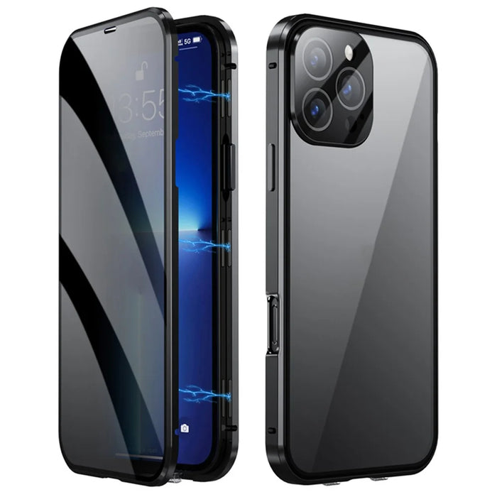 For iPhone 16 Pro Case Anti-Spy Double-Sided Tempered Glass+Magnetic Metal Frame Phone Cover - Black - 1