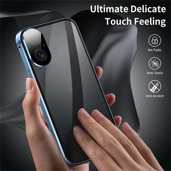 For iPhone 16 Case Anti-Spy Double-Sided Tempered Glass+Magnetic Metal Frame Phone Cover - Gold - 3