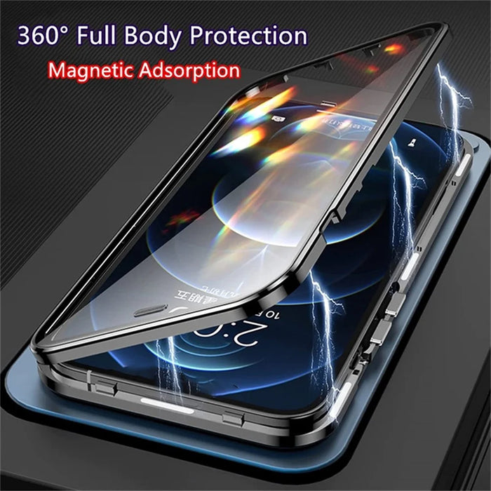 For iPhone 16 Case Anti-Spy Double-Sided Tempered Glass+Magnetic Metal Frame Phone Cover - Gold - 7