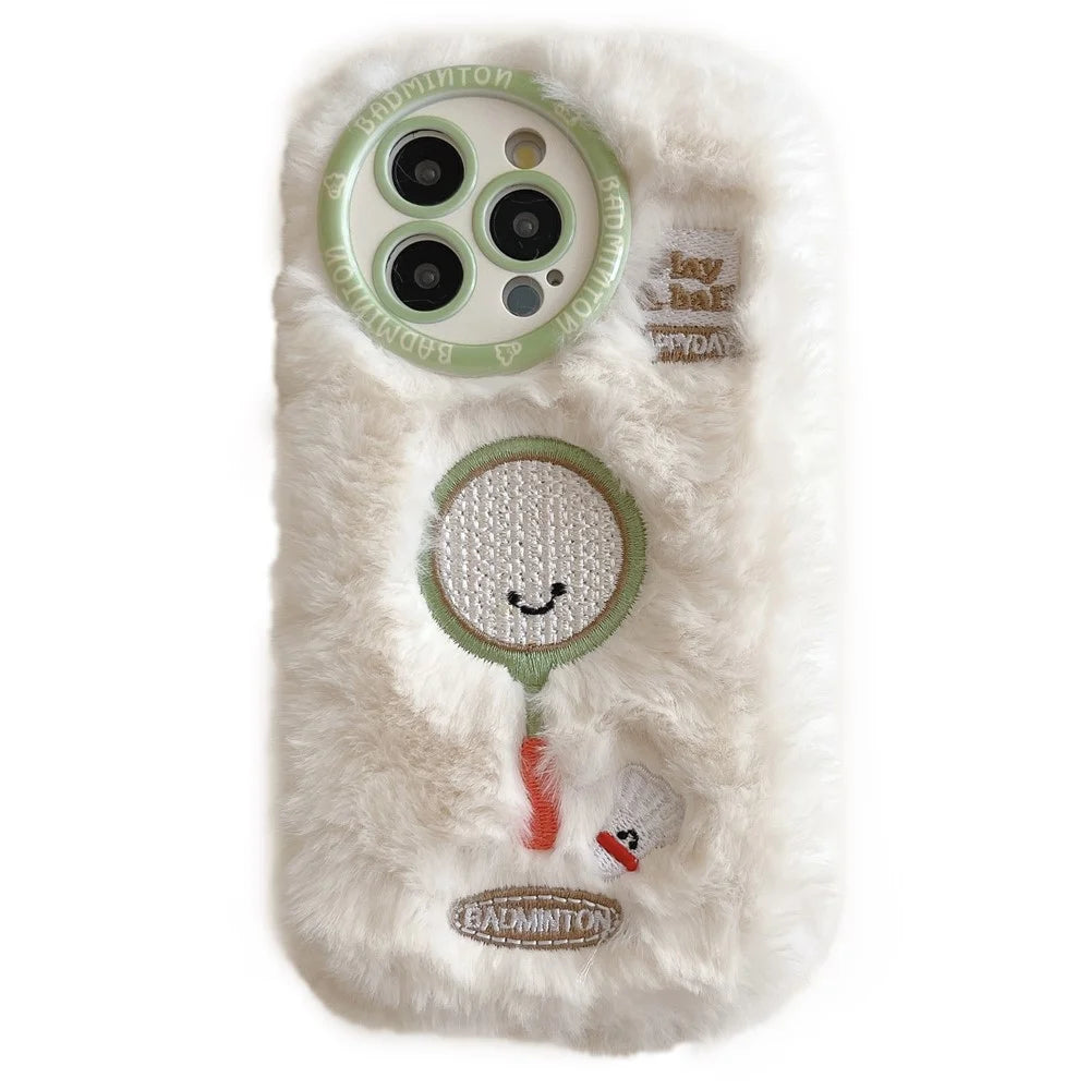 For iPhone 16 Pro Max Case Cute Racket Pattern Furry TPU Warm Phone Cover - Badminton Racket - 1