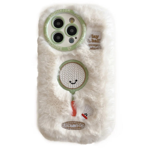 For iPhone 16 Pro Max Case Cute Racket Pattern Furry TPU Warm Phone Cover - Badminton Racket - 1