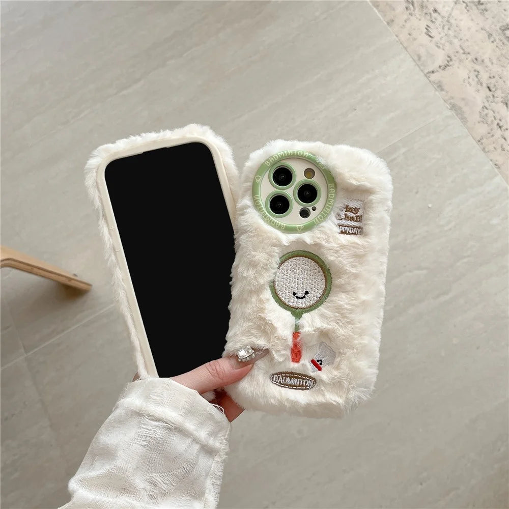 For iPhone 16 Pro Max Case Cute Racket Pattern Furry TPU Warm Phone Cover - Badminton Racket - 4