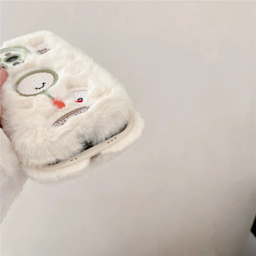 For iPhone 16 Pro Max Case Cute Racket Pattern Furry TPU Warm Phone Cover - Badminton Racket - 5