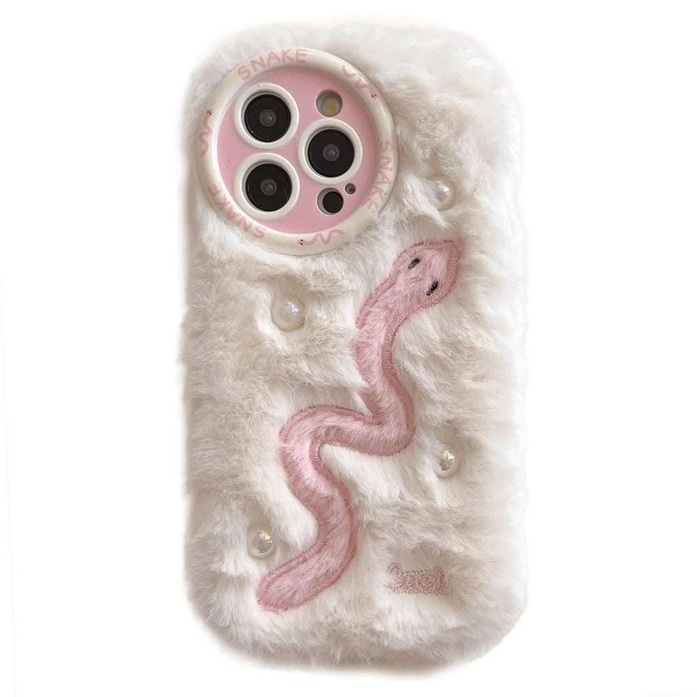 For iPhone 16 Pro Case Snake Design Pearl Accents Furry TPU Warm Phone Cover - White - 1