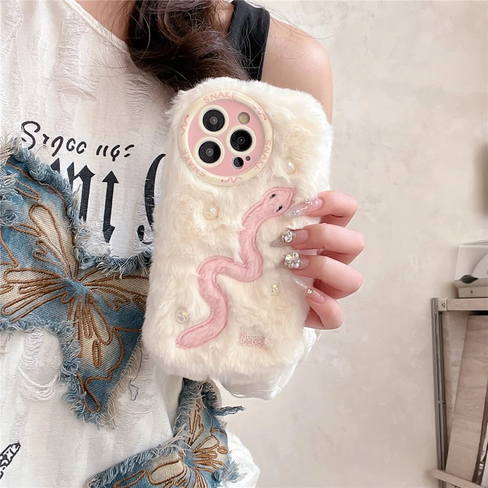 For iPhone 16 Pro Case Snake Design Pearl Accents Furry TPU Warm Phone Cover - White - 3