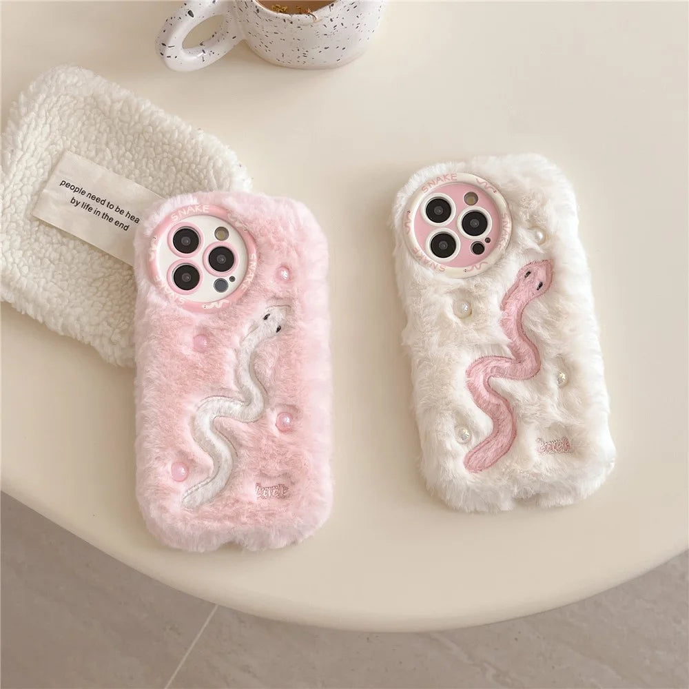 For iPhone 16 Pro Case Snake Design Pearl Accents Furry TPU Warm Phone Cover - White - 6