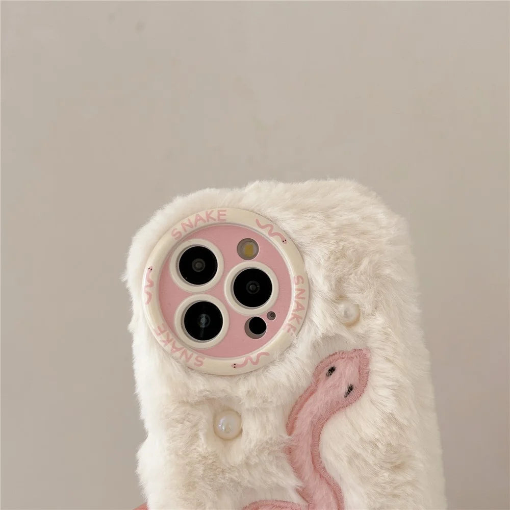 For iPhone 16 Pro Case Snake Design Pearl Accents Furry TPU Warm Phone Cover - White - 7