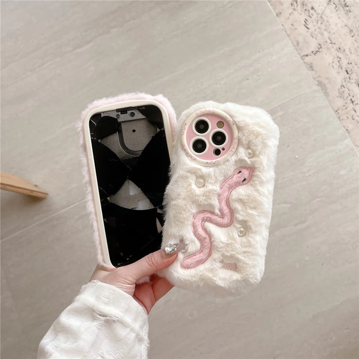 For iPhone 16 Pro Max Case Snake Design Pearl Accents Furry TPU Warm Phone Cover - White - 4
