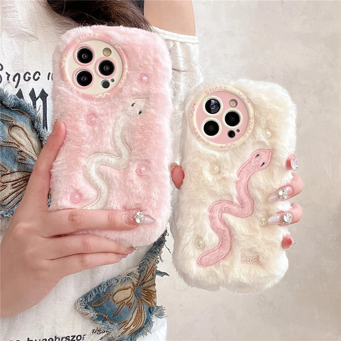 For iPhone 16 Pro Max Case Snake Design Pearl Accents Furry TPU Warm Phone Cover - White - 5
