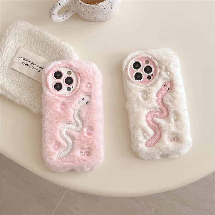 For iPhone 16 Pro Max Case Snake Design Pearl Accents Furry TPU Warm Phone Cover - White - 6