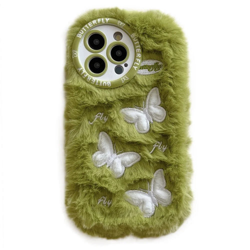 For iPhone 16 Pro Max Case Butterfly Design Warm Plush TPU Phone Cover - Green - 1