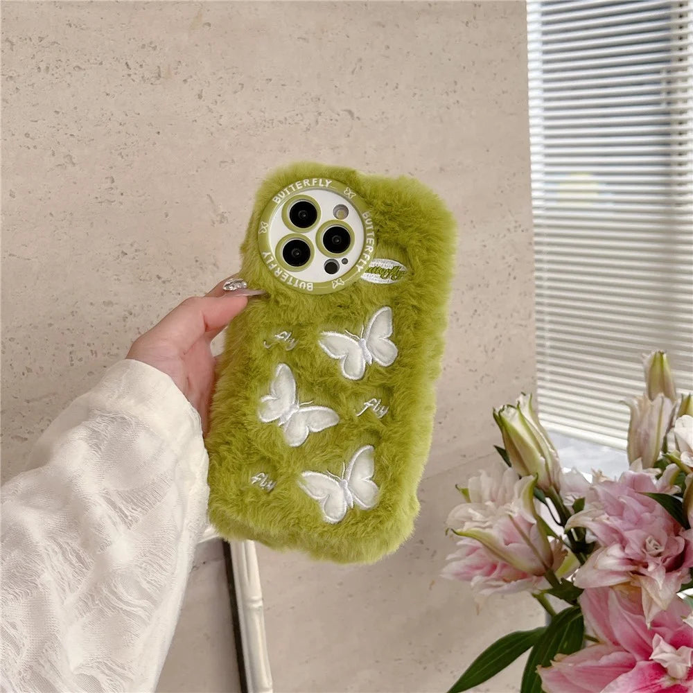 For iPhone 16 Pro Max Case Butterfly Design Warm Plush TPU Phone Cover - Green - 3
