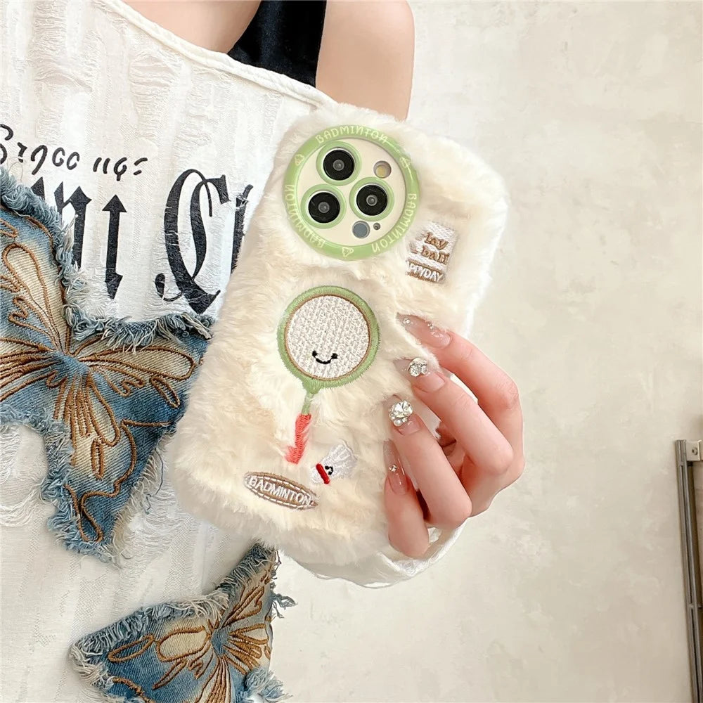 For iPhone 16 Pro Case Cute Racket Pattern Furry TPU Warm Phone Cover - Badminton Racket - 2