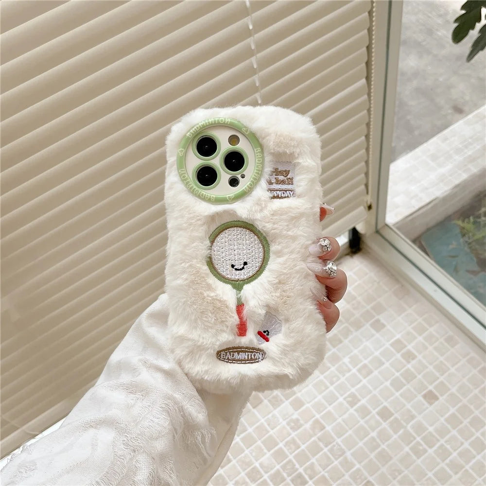 For iPhone 16 Pro Case Cute Racket Pattern Furry TPU Warm Phone Cover - Badminton Racket - 3