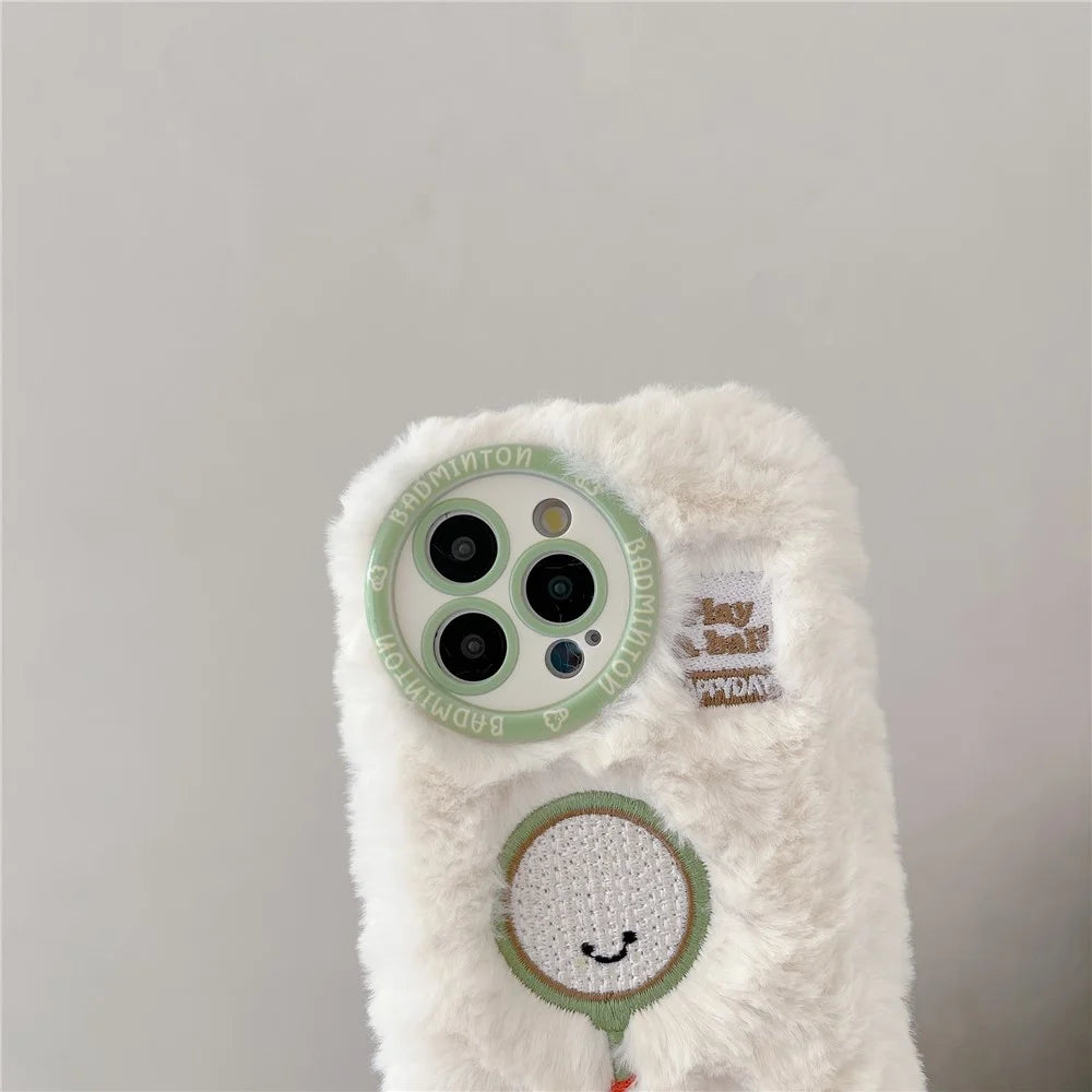 For iPhone 16 Pro Case Cute Racket Pattern Furry TPU Warm Phone Cover - Badminton Racket - 6