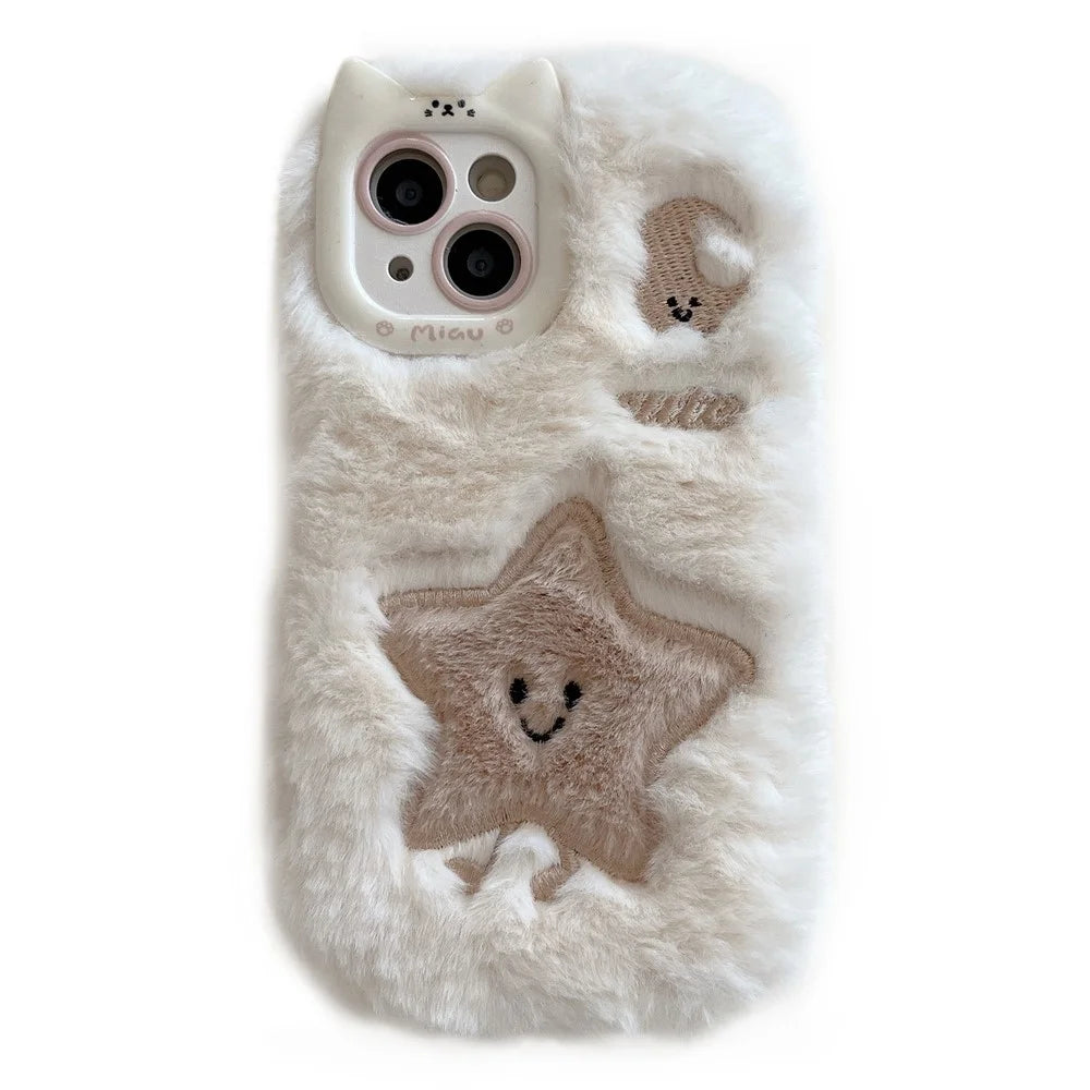 For iPhone 15 Case Embroidered Star Moon Warm Plush TPU Phone Cover - White - 1