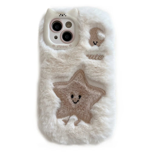 For iPhone 15 Case Embroidered Star Moon Warm Plush TPU Phone Cover - White - 1
