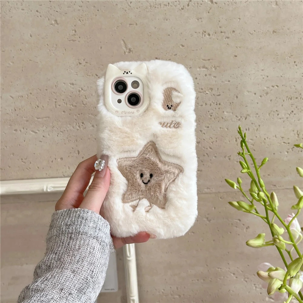 For iPhone 15 Case Embroidered Star Moon Warm Plush TPU Phone Cover - White - 2