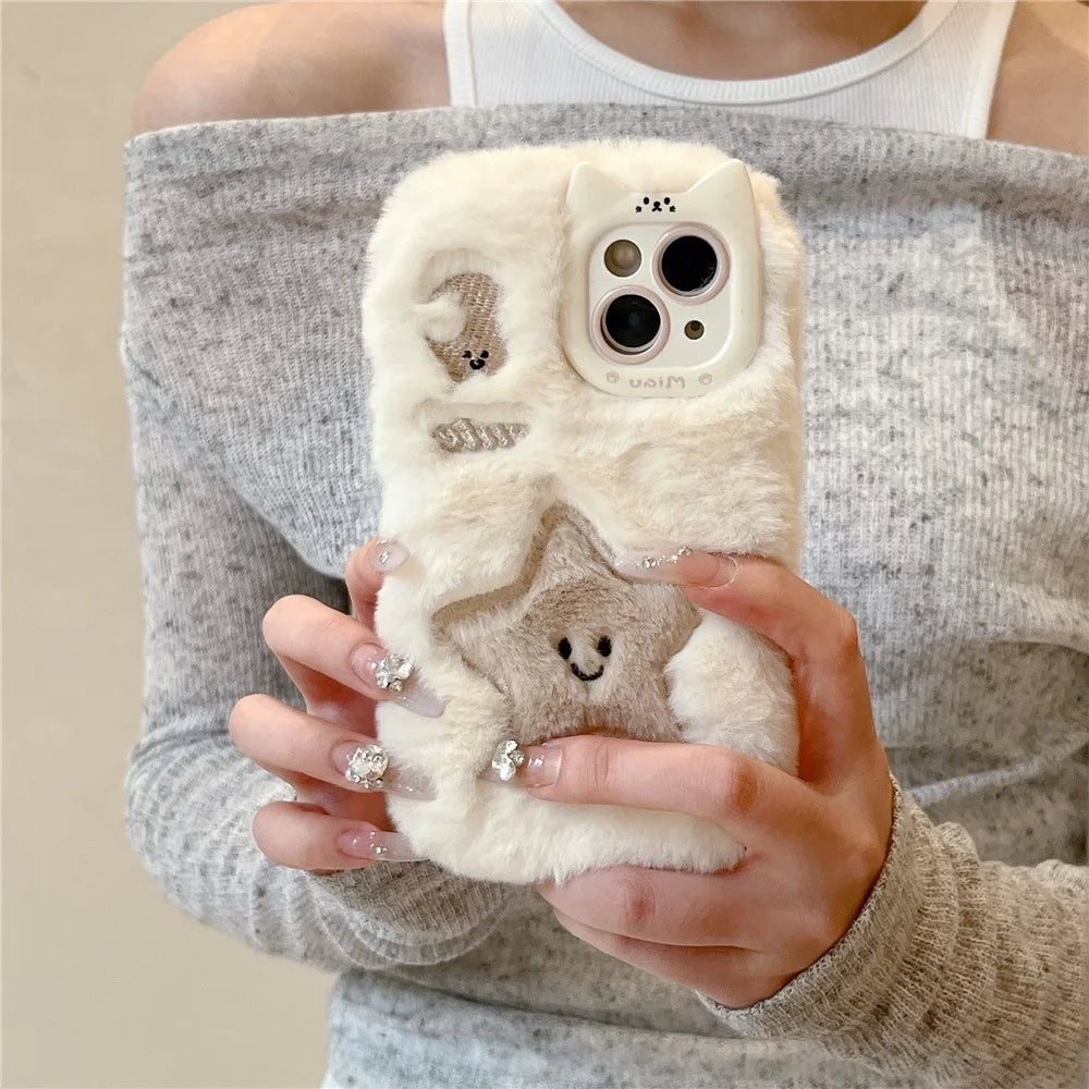 For iPhone 15 Case Embroidered Star Moon Warm Plush TPU Phone Cover - White - 3