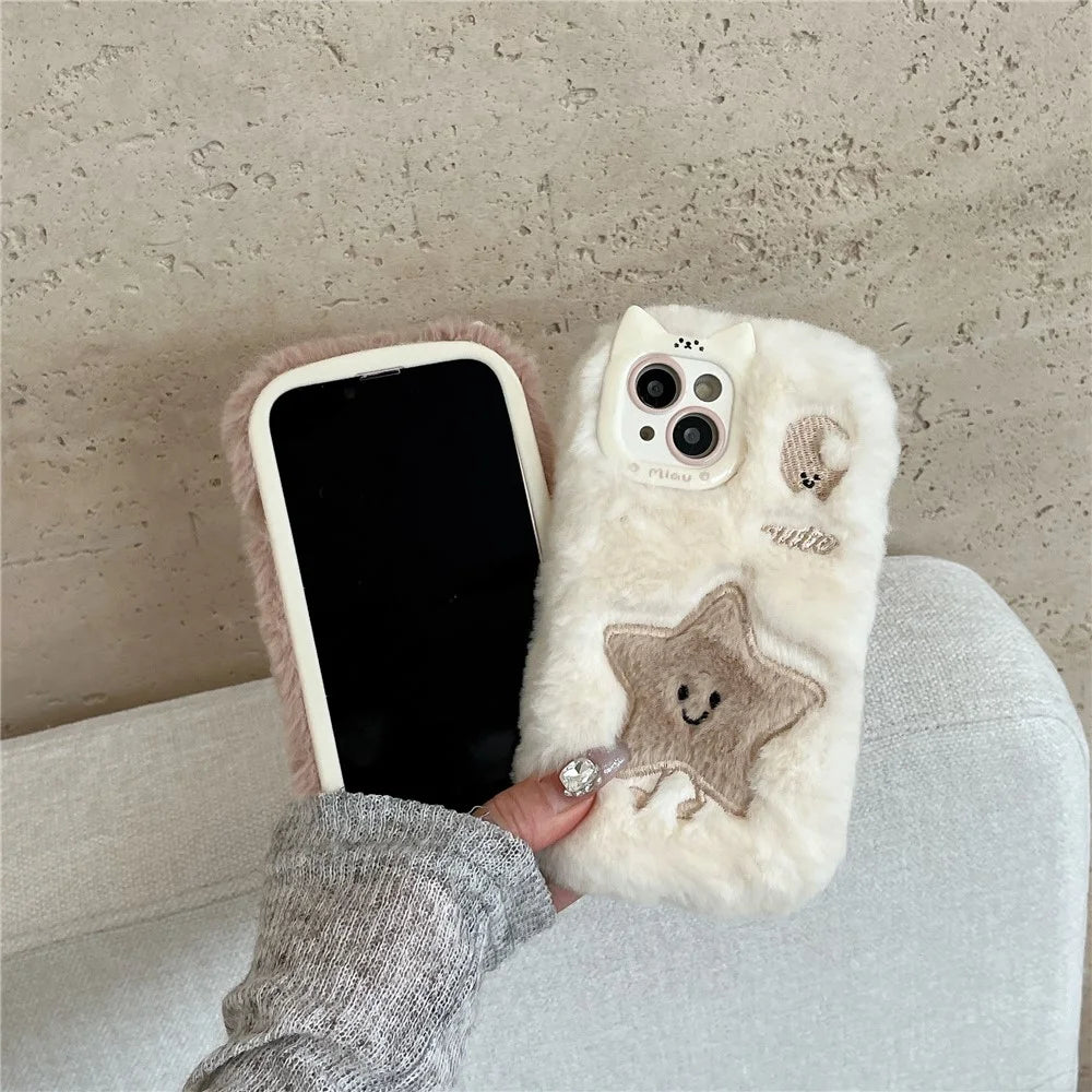 For iPhone 15 Case Embroidered Star Moon Warm Plush TPU Phone Cover - White - 4