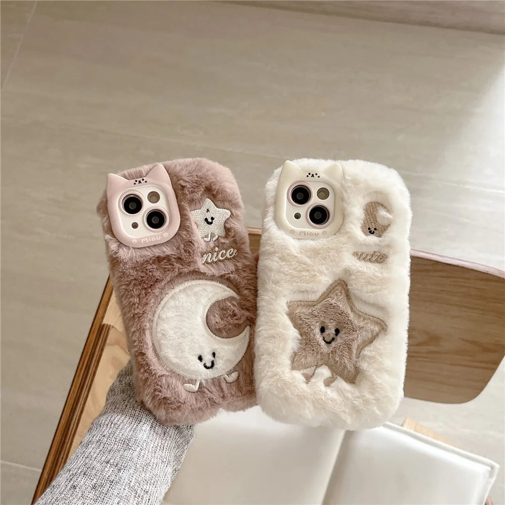 For iPhone 15 Case Embroidered Star Moon Warm Plush TPU Phone Cover - White - 5