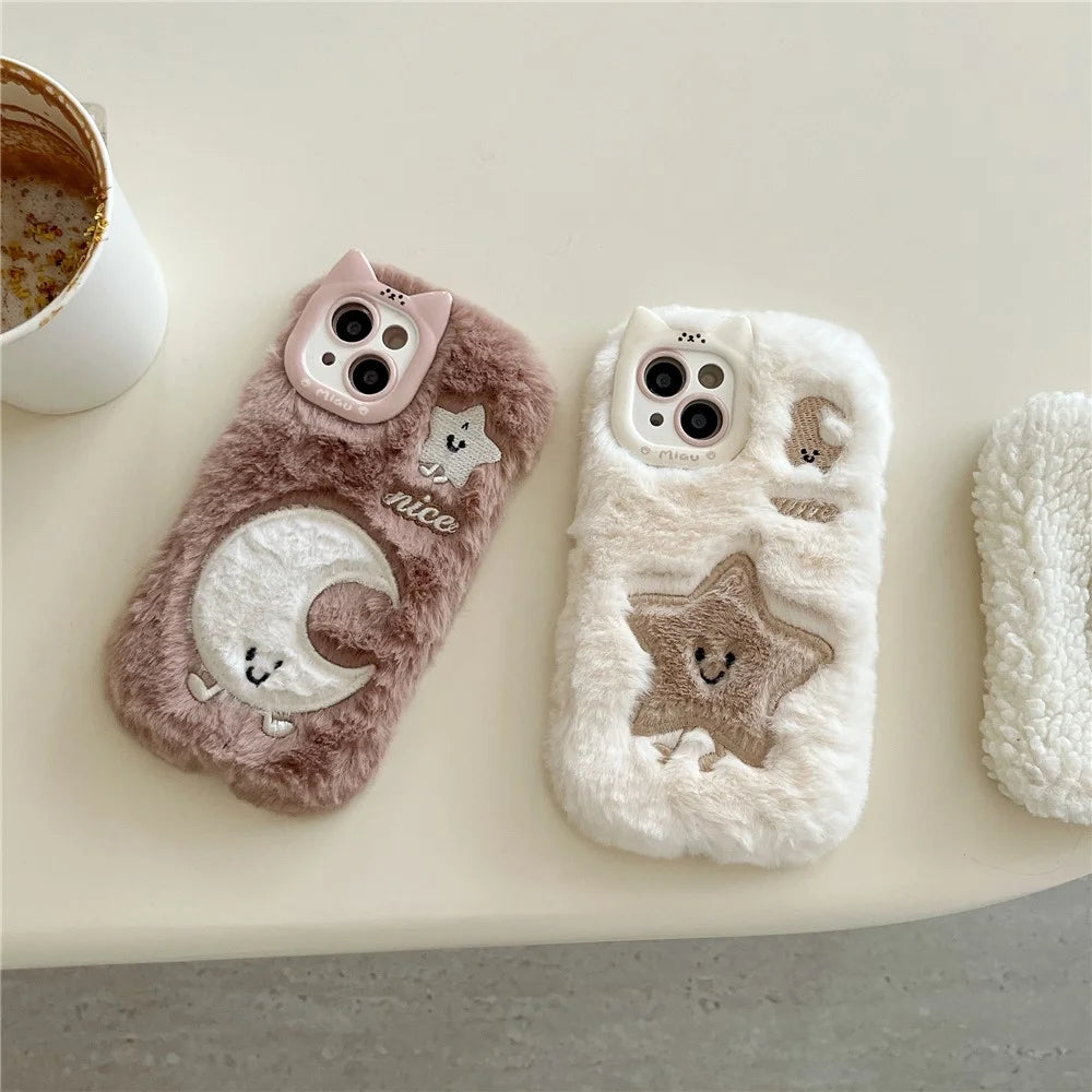 For iPhone 15 Case Embroidered Star Moon Warm Plush TPU Phone Cover - White - 6