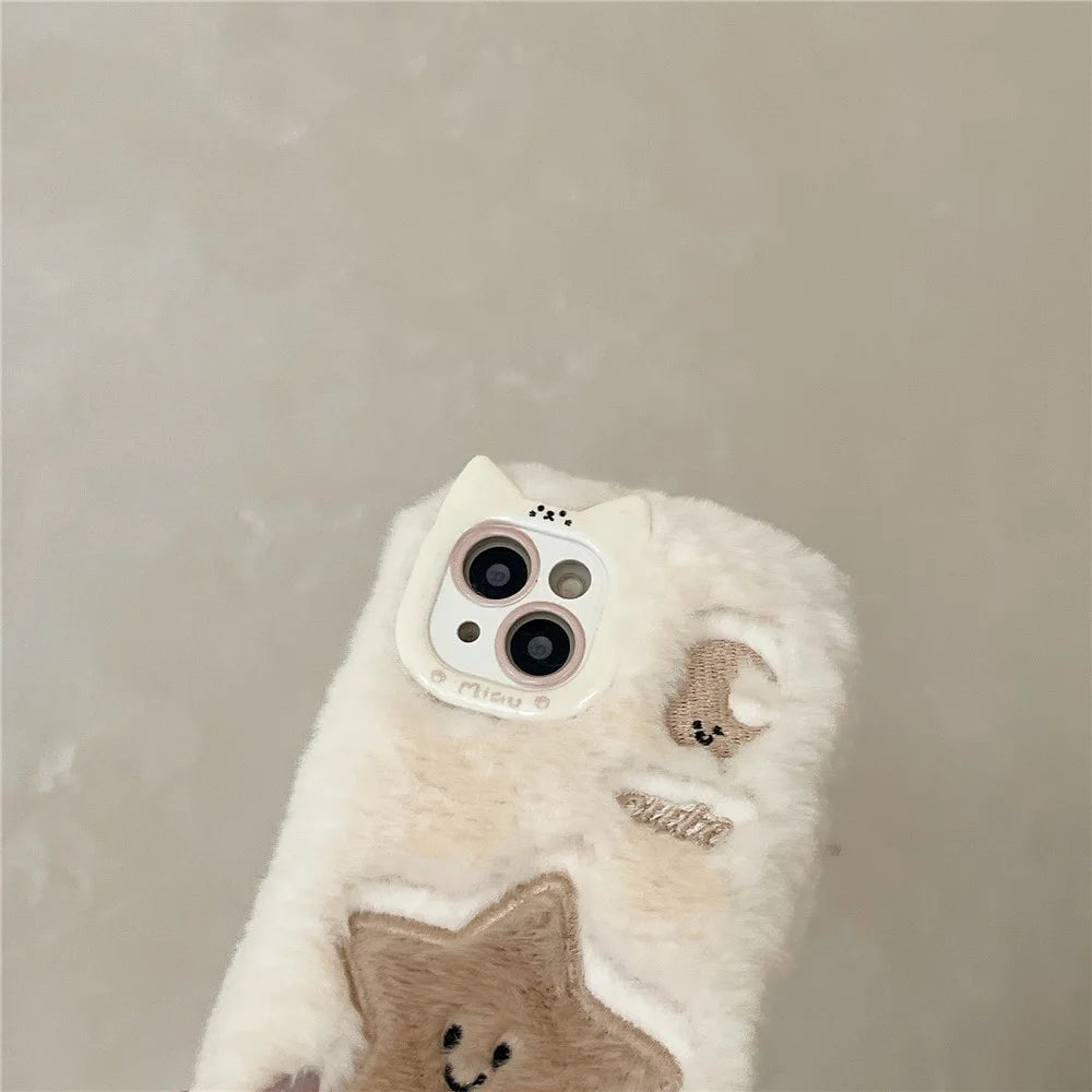 For iPhone 15 Case Embroidered Star Moon Warm Plush TPU Phone Cover - White - 7