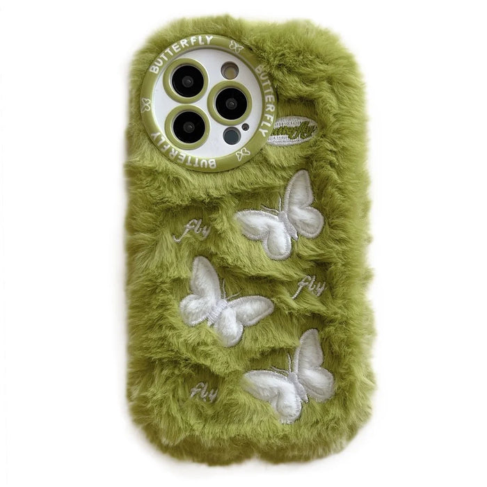 For iPhone 16 Pro Case Butterfly Design Warm Plush TPU Phone Cover - Green - 1