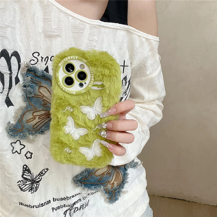 For iPhone 16 Pro Case Butterfly Design Warm Plush TPU Phone Cover - Green - 2