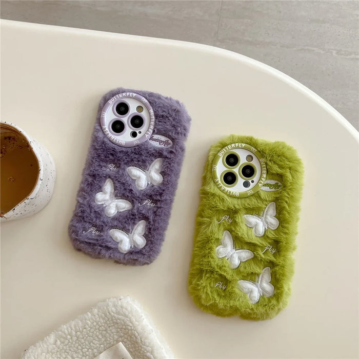 For iPhone 16 Pro Case Butterfly Design Warm Plush TPU Phone Cover - Green - 4
