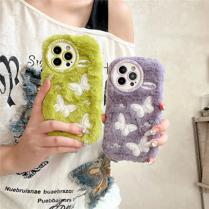 For iPhone 16 Pro Case Butterfly Design Warm Plush TPU Phone Cover - Green - 5