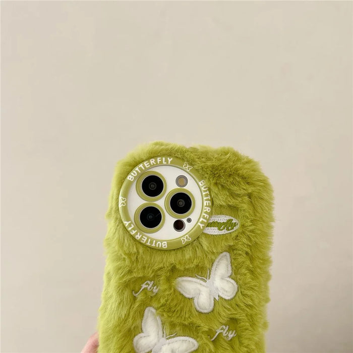 For iPhone 16 Pro Case Butterfly Design Warm Plush TPU Phone Cover - Green - 7