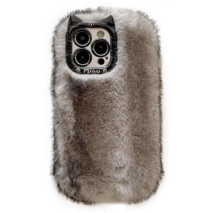 For iPhone 16 Pro Case Mink Fur Texture TPU Fuzzy Winter Protective Cover - Grey - 1