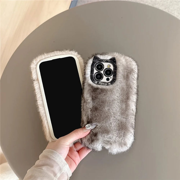 For iPhone 16 Pro Case Mink Fur Texture TPU Fuzzy Winter Protective Cover - Grey - 3