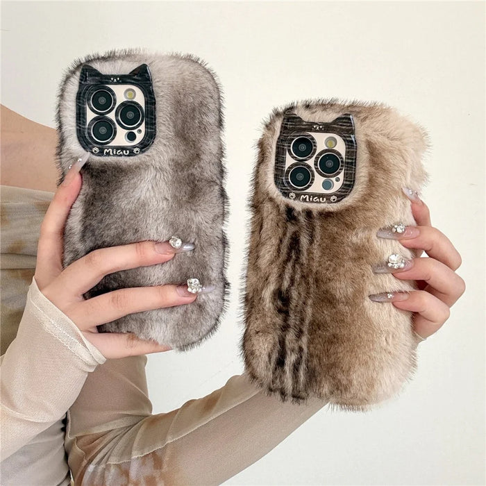 For iPhone 16 Pro Max Case Mink Fur Texture TPU Fuzzy Winter Protective Cover - Grey - 5