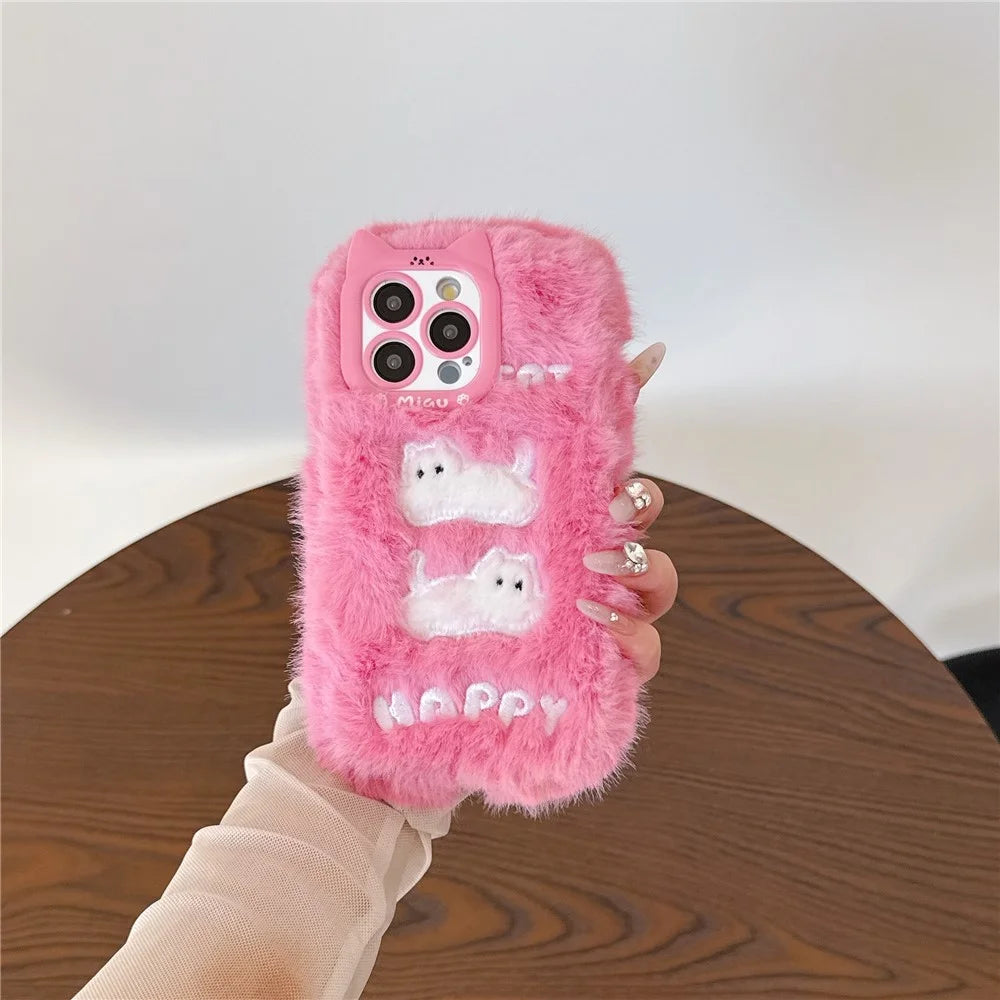 For iPhone 16 Pro Case Embroidered White Cats Fuzzy Winter TPU Phone Cover - Pink - 3